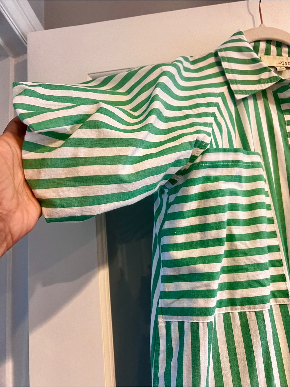 Pinch Green White Striped Short Sleeve Tiered Button Down Shirt Dress Small - Picture 4 of 8